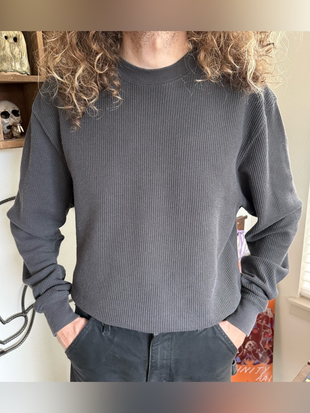 Vintage 90s 2000s Black Waffle Thermal Fruit of the Loom ~ Size Large